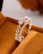 Anel de Prata 925 Feminino com Dupla Camada de Zircônia e Flor Luxo Ajustável