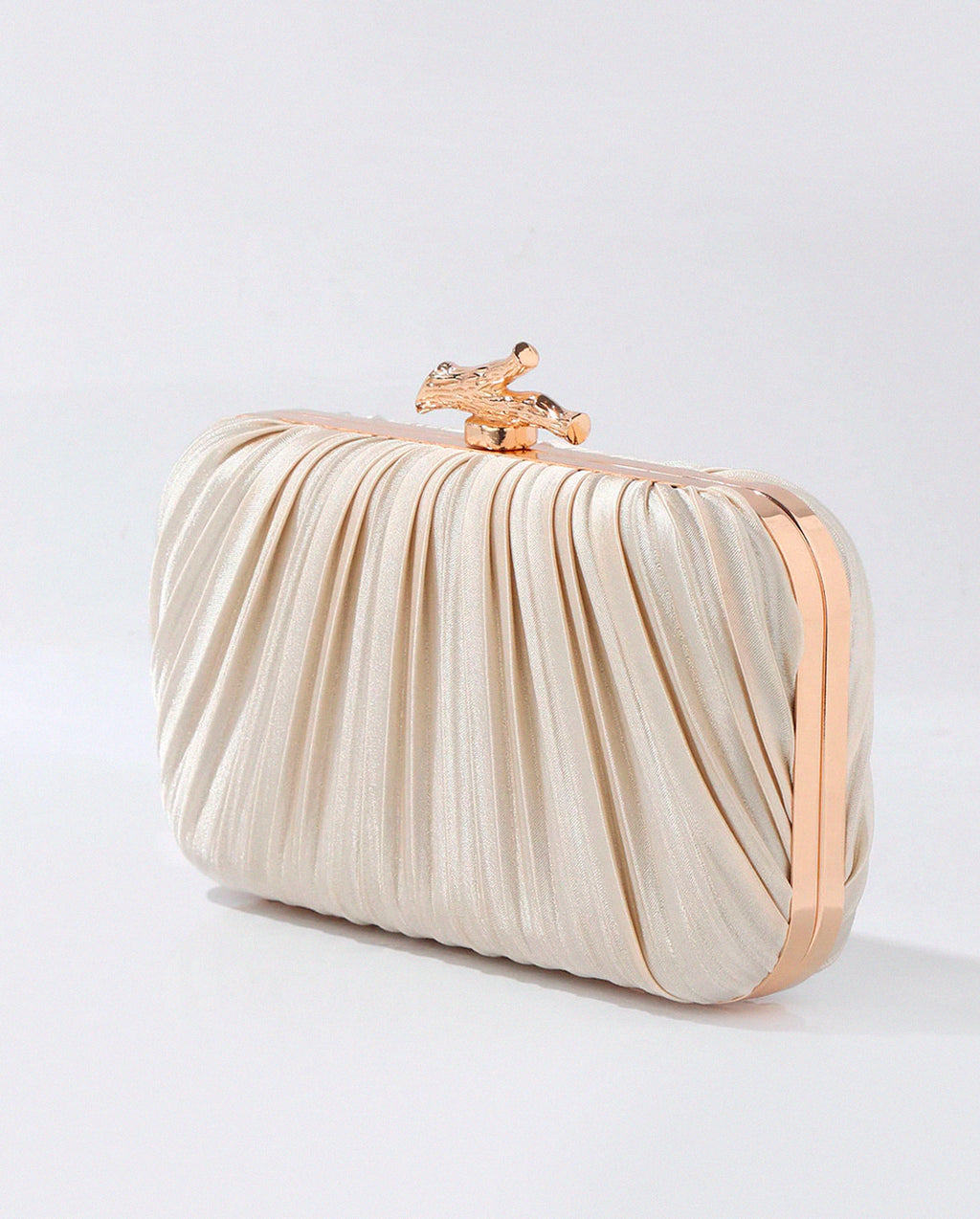 Bolsa Feminina Clutch De Festa Com Acabamento Em Cetim Plissado Bege Dourado