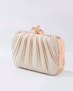 Bolsa Feminina Clutch De Festa Com Acabamento Em Cetim Plissado Bege Dourado