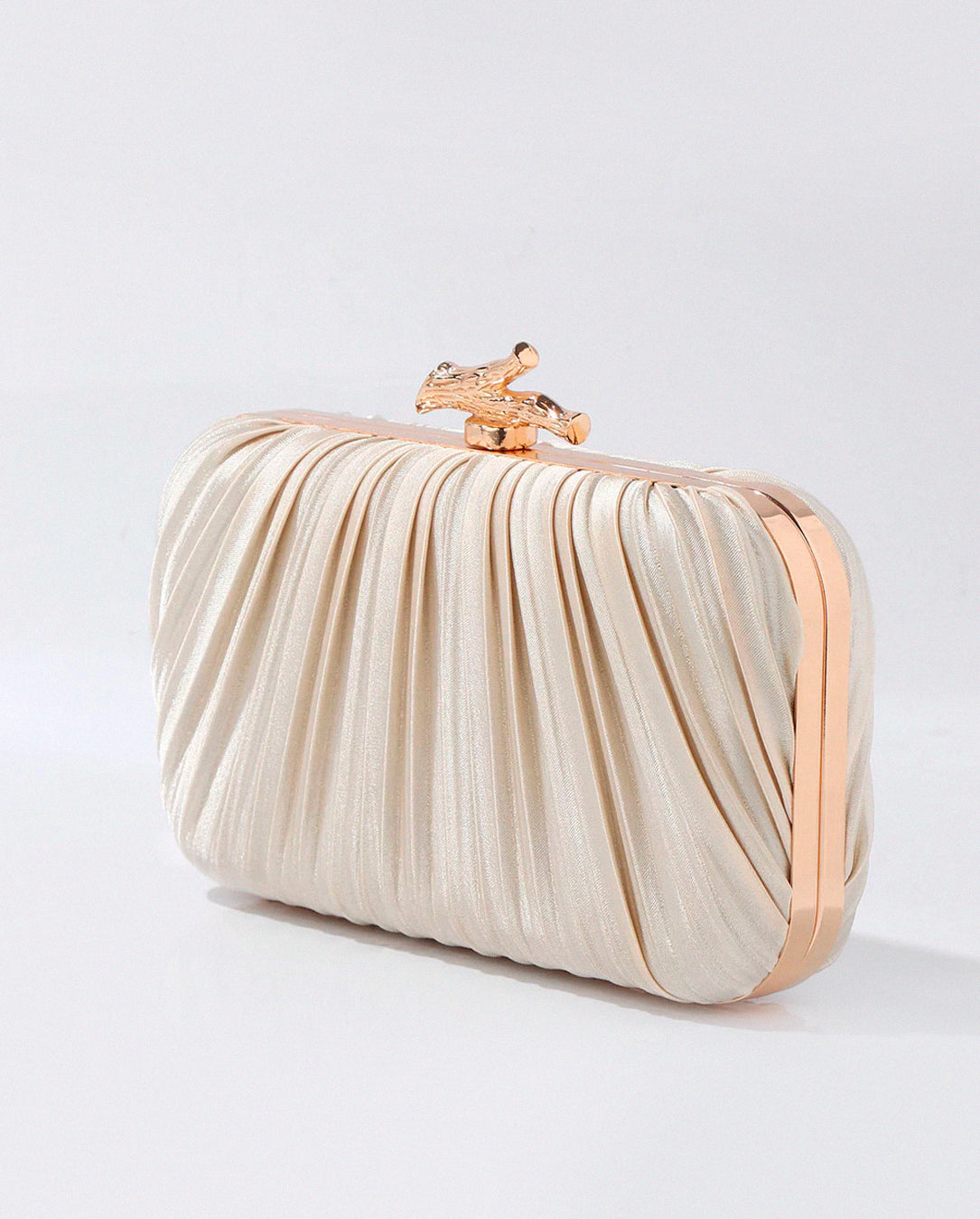 Bolsa Feminina Clutch De Festa Com Acabamento Em Cetim Plissado Bege Dourado
