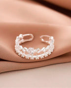 Anel de Prata 925 Feminino com Dupla Camada de Zircônia e Flor Luxo Ajustável