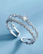 Anel de Prata 925 Feminino com Dupla Camada de Zircônia e Flor Luxo Ajustável