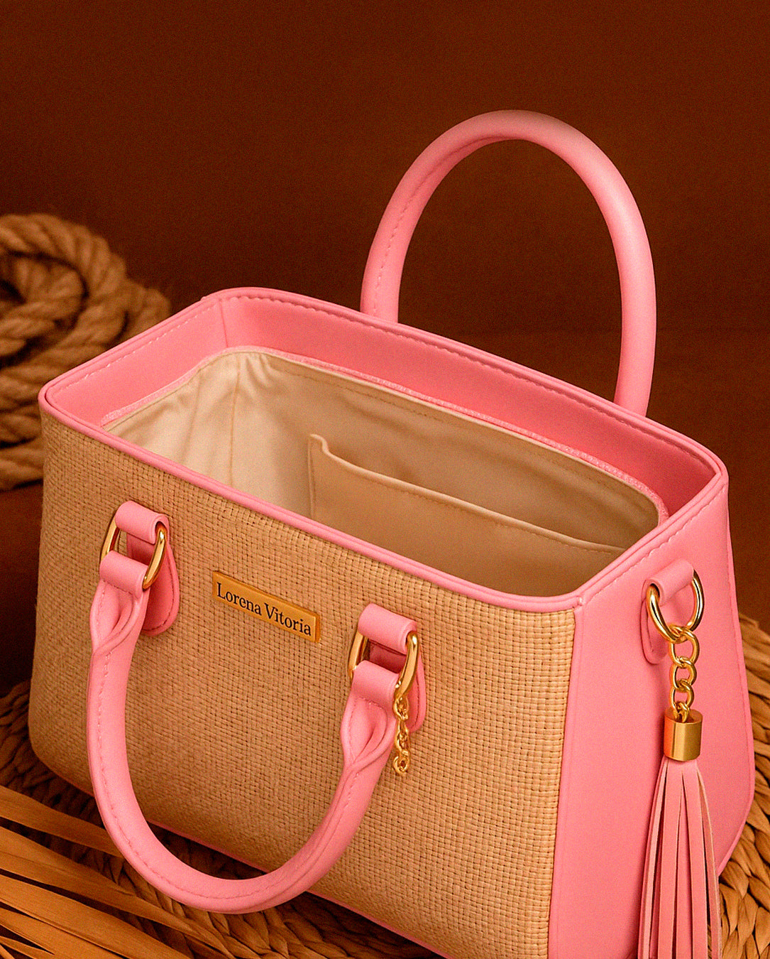 Bolsa Feminina Lorena Vitória Estilo Palha Chic Com Alça De Mão E Transversal