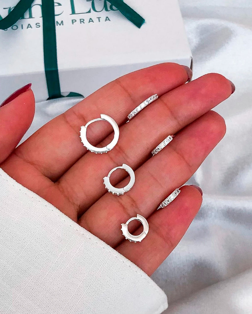 Trio De Brinco Feminino De Argola Redondo em Zircônia Prata 925