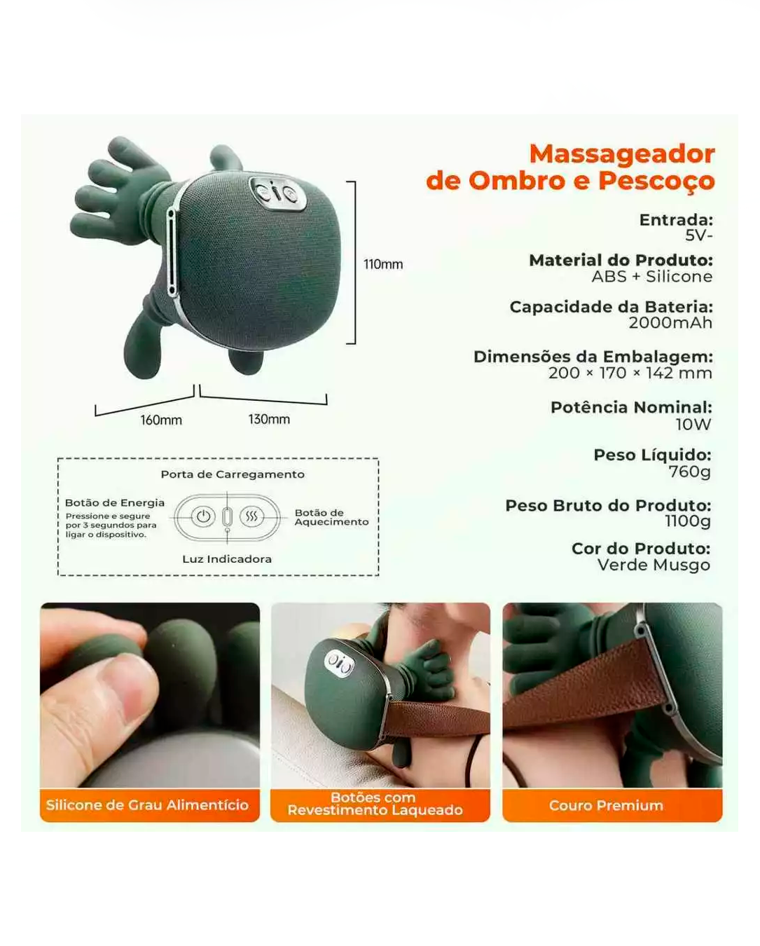 Massageador de Pescoço 8 Pontos Aquecimento Relaxamento Tensão Ombro Mãos