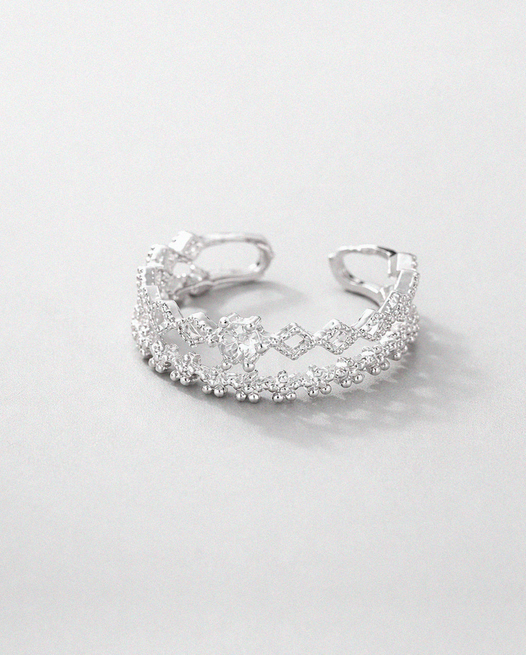 Anel de Prata 925 Feminino com Dupla Camada de Zircônia e Flor Luxo Ajustável