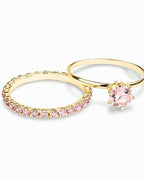 Kit 2 Anéis Banhados – Solitário e Aparador com Strass Rosa Bebê