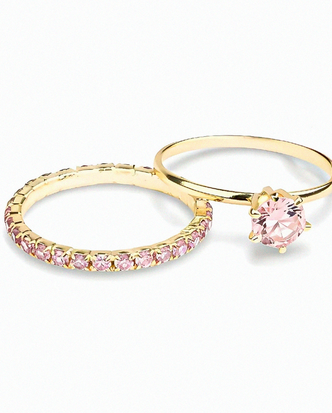 Kit 2 Anéis Banhados – Solitário e Aparador com Strass Rosa Bebê